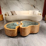 Organic Nesting Coffee Table Set with Natural Burl Veneer and Green Marble Tops